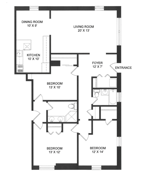 Floor plan for 3 beds, 1 bath, 1464 sqft